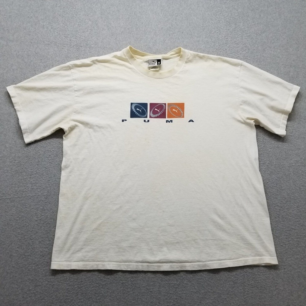 Vintage Puma‎ Shirt Men XL White Short Sleeve Round Neck Casual Spell Out